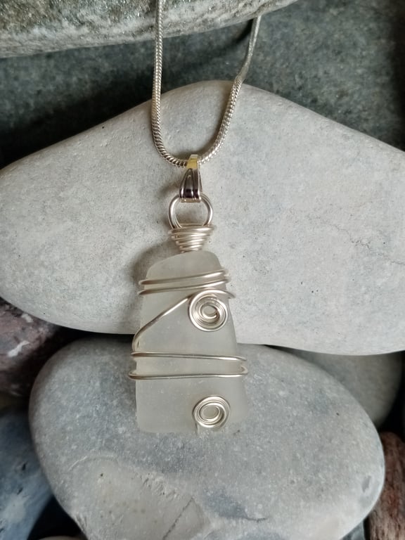 Wire-wrapped Sea glass pendant on a silver plated snake chain 