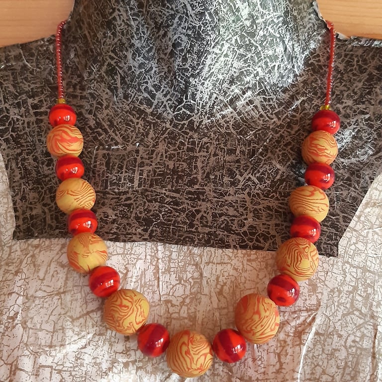 Unique polymer clay necklace in mustard and red