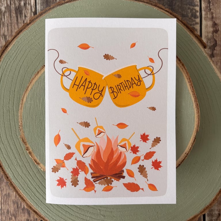 Bonfire Birthday Card: Marshmallows and Mugs