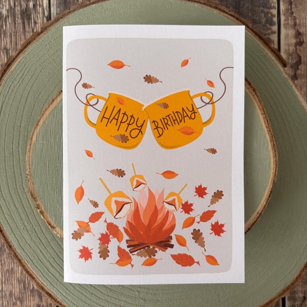 Bonfire Birthday Card: Marshmallows and Mugs