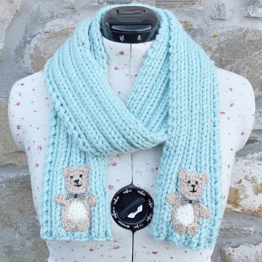 Bear Scarf. Short Scarf. Blue Scarf. Knitted Scarf. Woollen Scarf. Winter Scarf