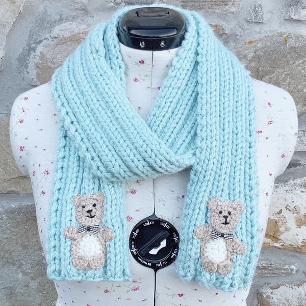 Bear Scarf. Short Scarf. Blue Scarf. Knitted Scarf. Woollen Scarf. Winter Scarf