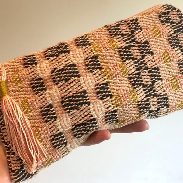 Luxurious handwoven slim pouch   "Woven in Bricks - Slate Stone" 