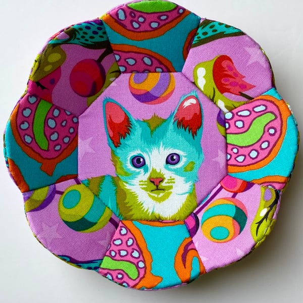 Tula Pink Tabby Road Cat Kitten Fabric Trinket Dish in Pink
