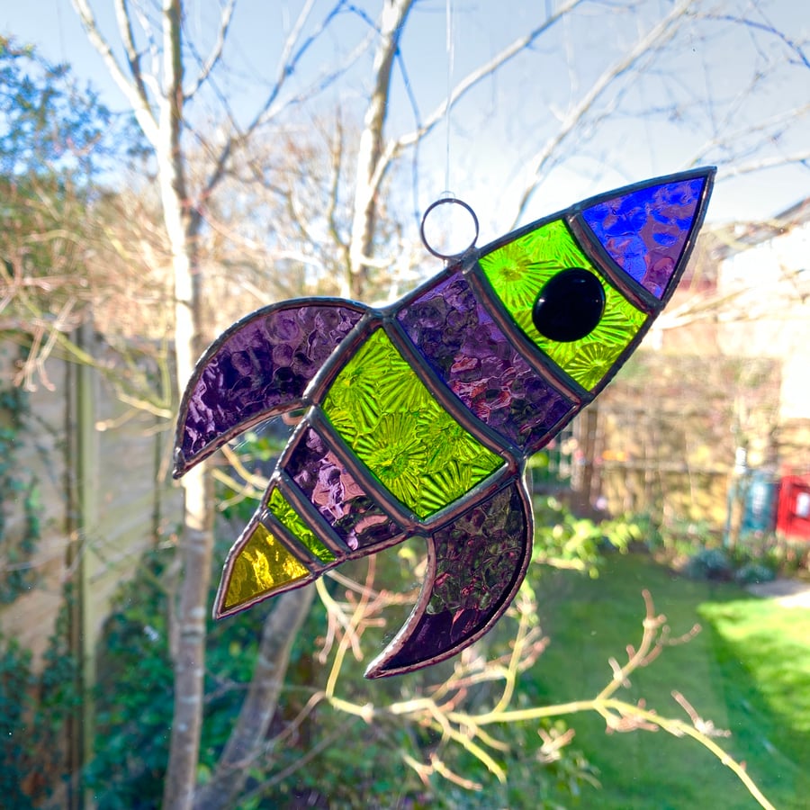Stained Glass Small Rocket Suncatcher - Hanging Decoration  - Purple 