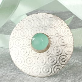 Satin silver brooch, handmade matt sterling silver brooch with aqua chalcedony