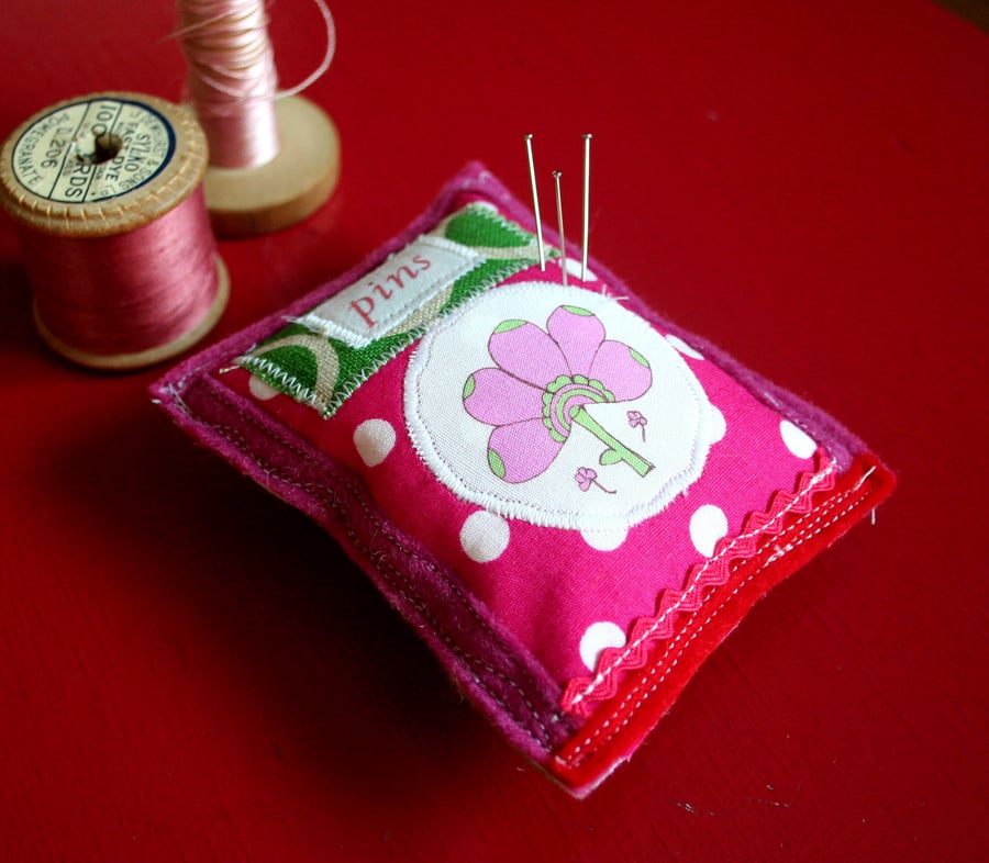 Pin Cushion, Handmade Dotty Pink And Green Pin Cushion For Sewing Lover