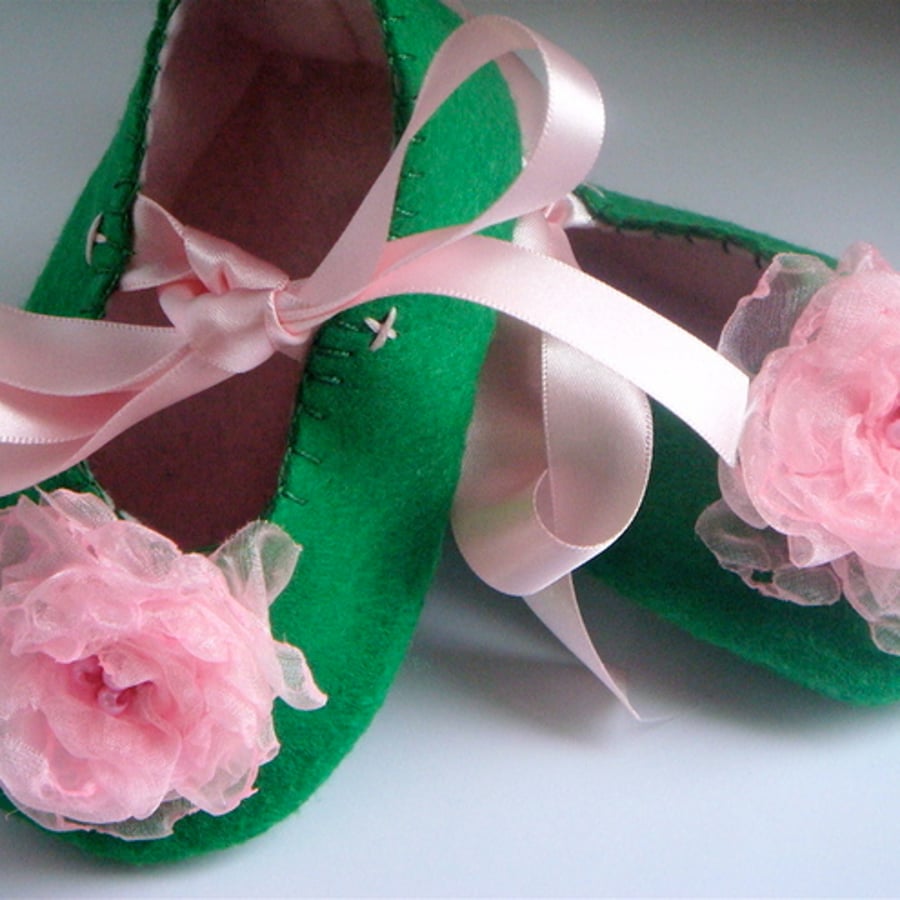 SALE Green and Pink Organza & Felt Baby Shoes