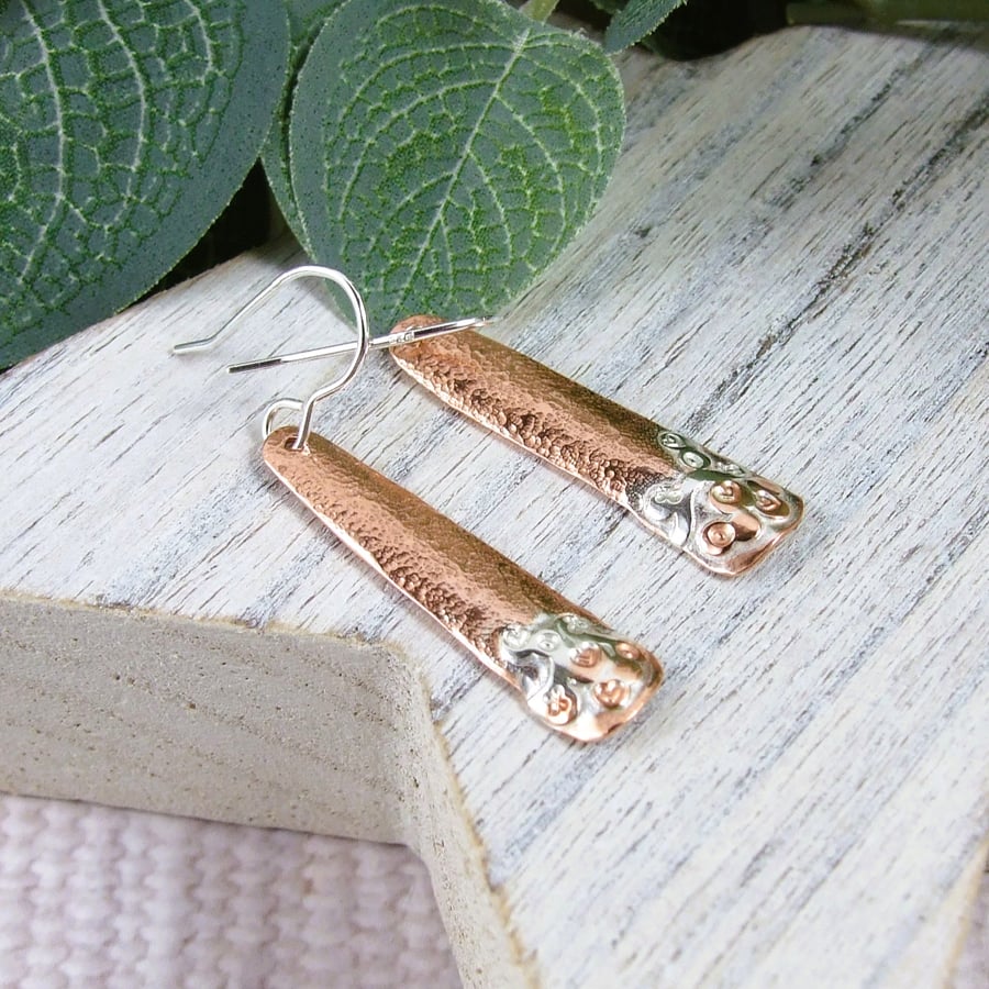 Earrings, Sterling Silver and Copper Heart XO  Dropper Earrings