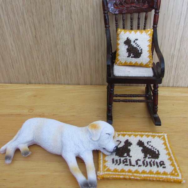 Hand Stitched Needlepoint Dolls House Doormat and Cushion, 1:12 Scale Miniatures