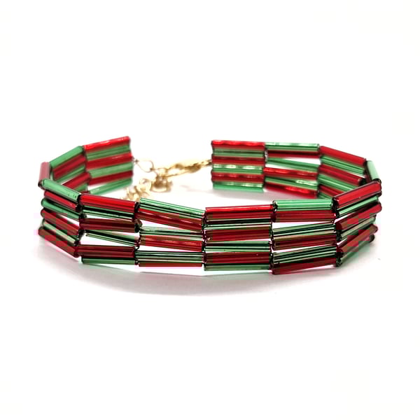 Green and red bugle bead Christmas bracelet