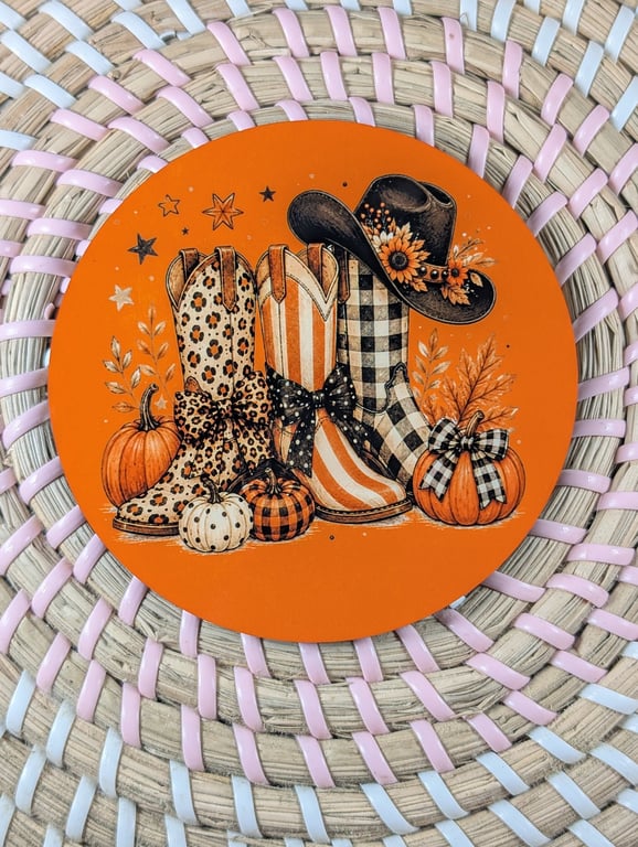 Autumn Cowgirl Coaster – Western Boots & Pumpkins – Country Home Decor, Handmade
