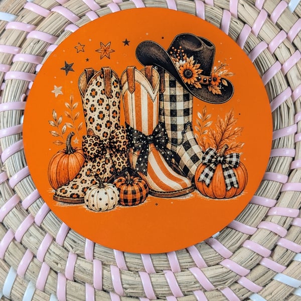 Autumn Cowgirl Coaster – Western Boots & Pumpkins – Country Home Decor, Handmade
