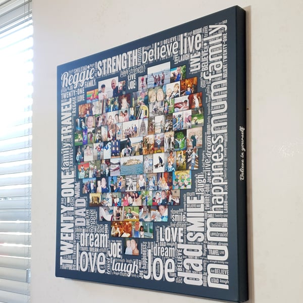 Personalised Gift - Word Art Heart Shape Collage Canvas - Personalised with 
