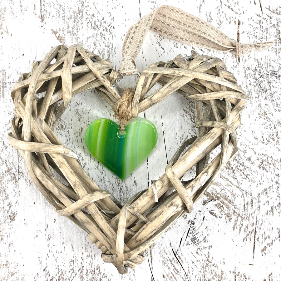 Green Glass & Wicker Heart with co-ordinating Ribbon