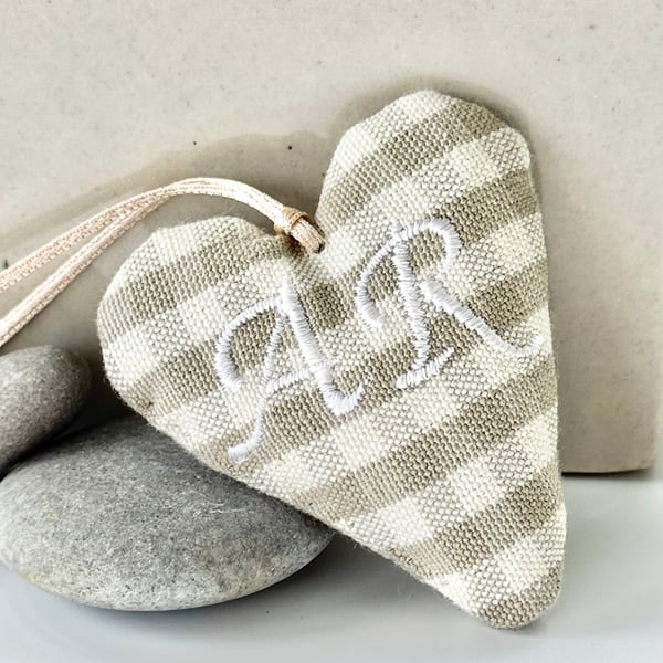 SALE - MINI HEART - 'AR' in taupe gingham