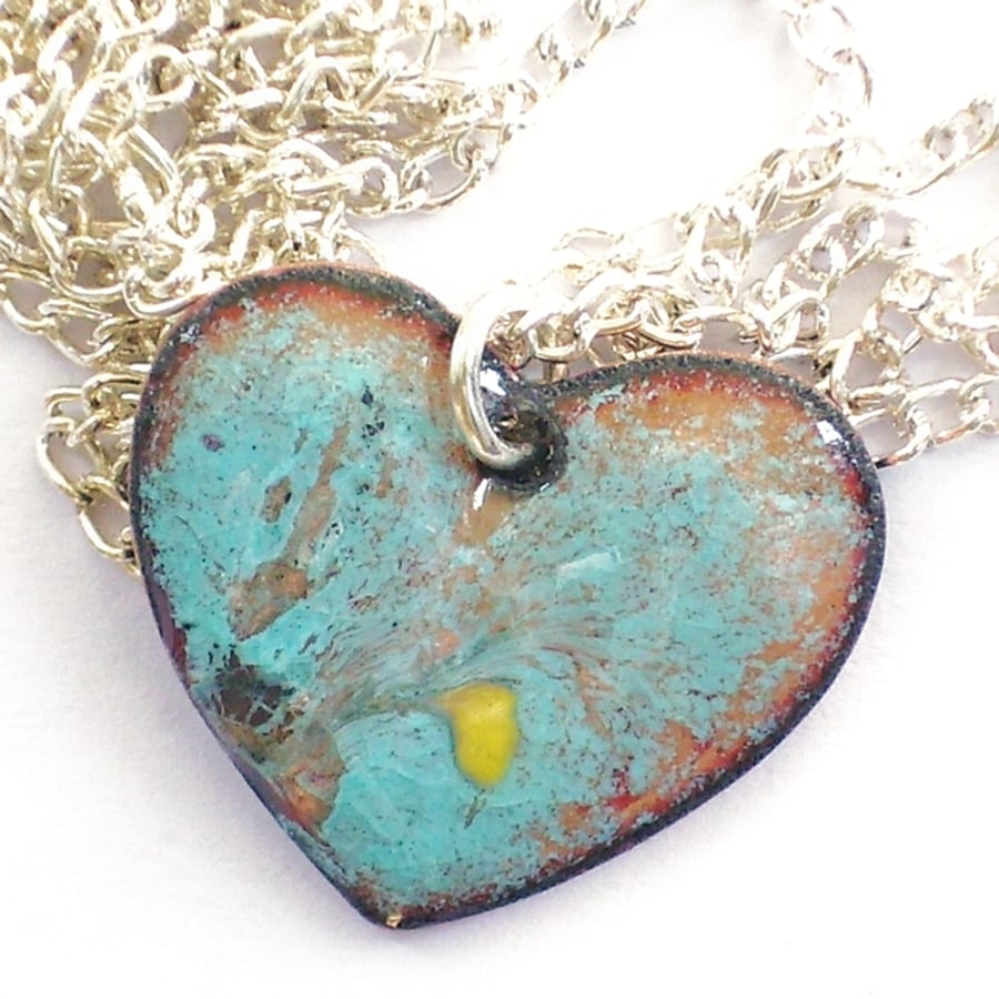 pendant - small heart scrolled yellow on turquoise over clear enamel
