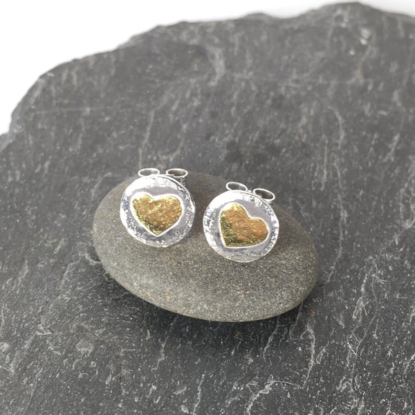  silver and 18ct gold heart stud earrings