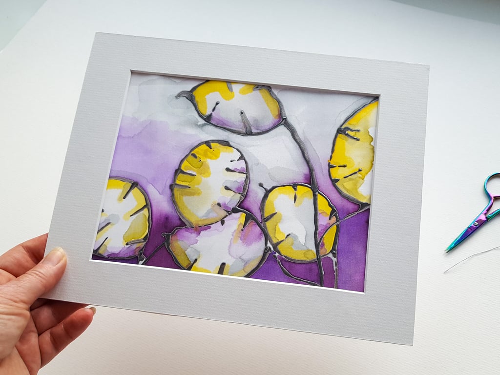  Original silk painting, Sweet Honesty Botanical art, Ready to frame 