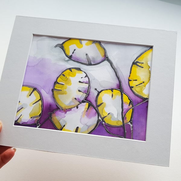  Original silk painting, Sweet Honesty Botanical art, Ready to frame 
