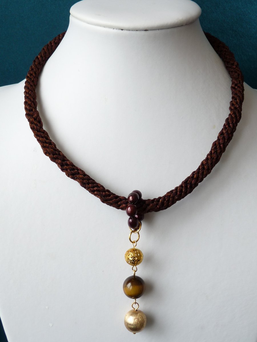 Tiger's Eye & Freshwater Pearl Braided Necklace - Genuine Gemstone - Handmade