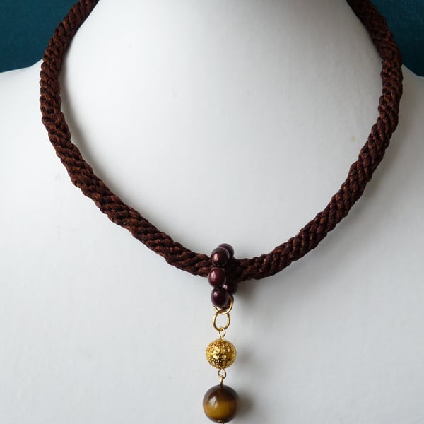 Tiger's Eye & Freshwater Pearl Braided Necklace - Genuine Gemstone - Handmade