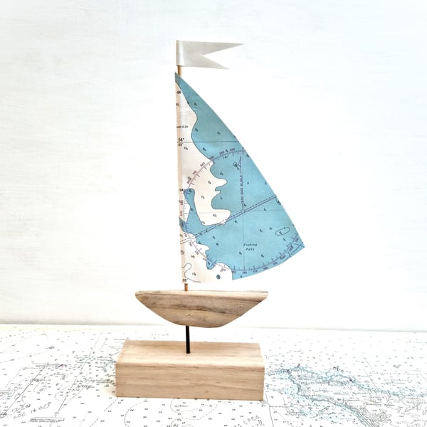 Fishing Pots - blue and white driftwood sailboat, authentic nautical map sail