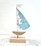Fishing Pots - blue and white driftwood sailboat, authentic nautical map sail