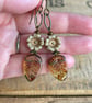 Amber Czech Glass Leaf Earrings with Rustic Cream Flowers and Antiqued Brass - Image 5