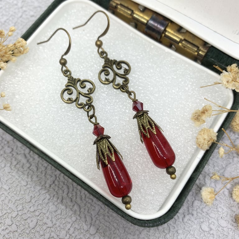 Vintage Style Antique Bronze and Red Glass Teardrop Earrings