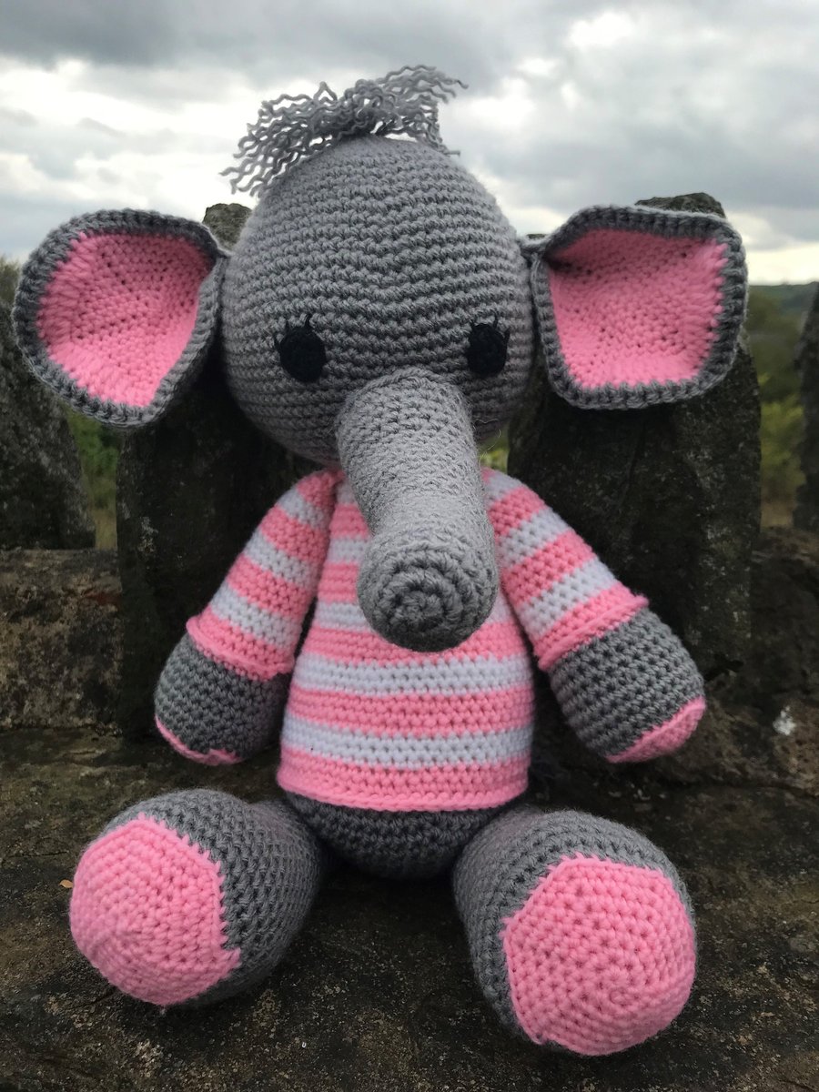 Crocheted Pink Baby Elephant Toy New Baby Gift with Personalised Bib