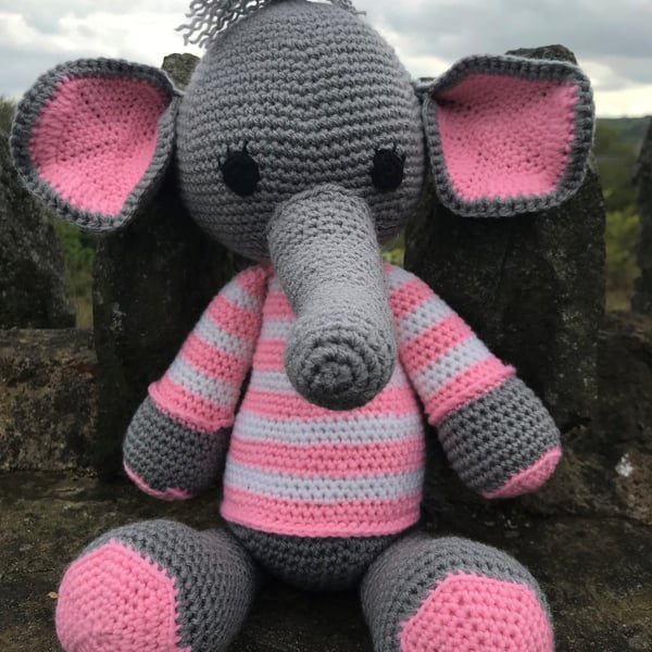 Crocheted Pink Baby Elephant Toy New Baby Gift with Personalised Bib