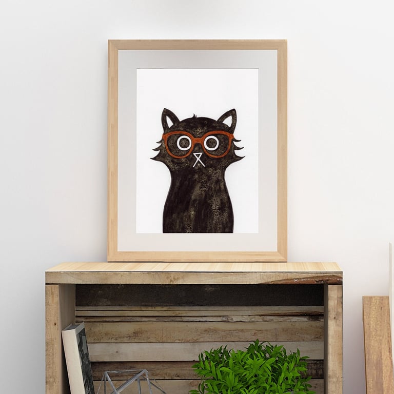 Clark Cat Wall Art Print, Superhero Print, Cat In Glasses, Cute Cat A4