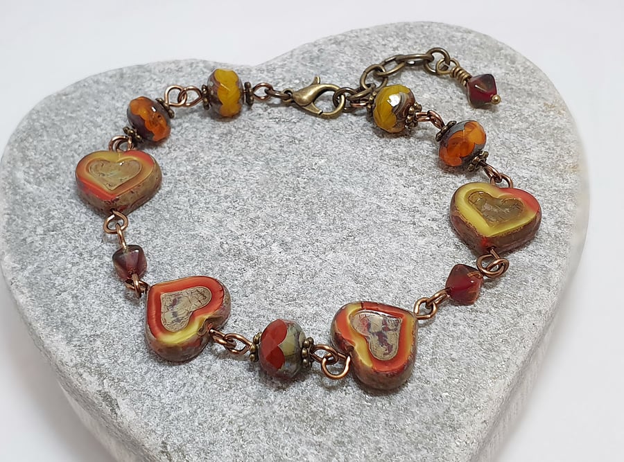 Red and yellow chunky Czech glass beaded heart bracelet 