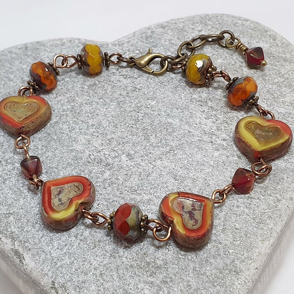 Red and yellow chunky Czech glass beaded heart bracelet 