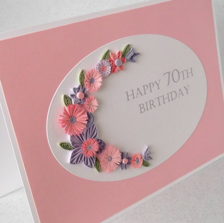 Quilled 70th birthday card, handmade, pink lilac - Folksy