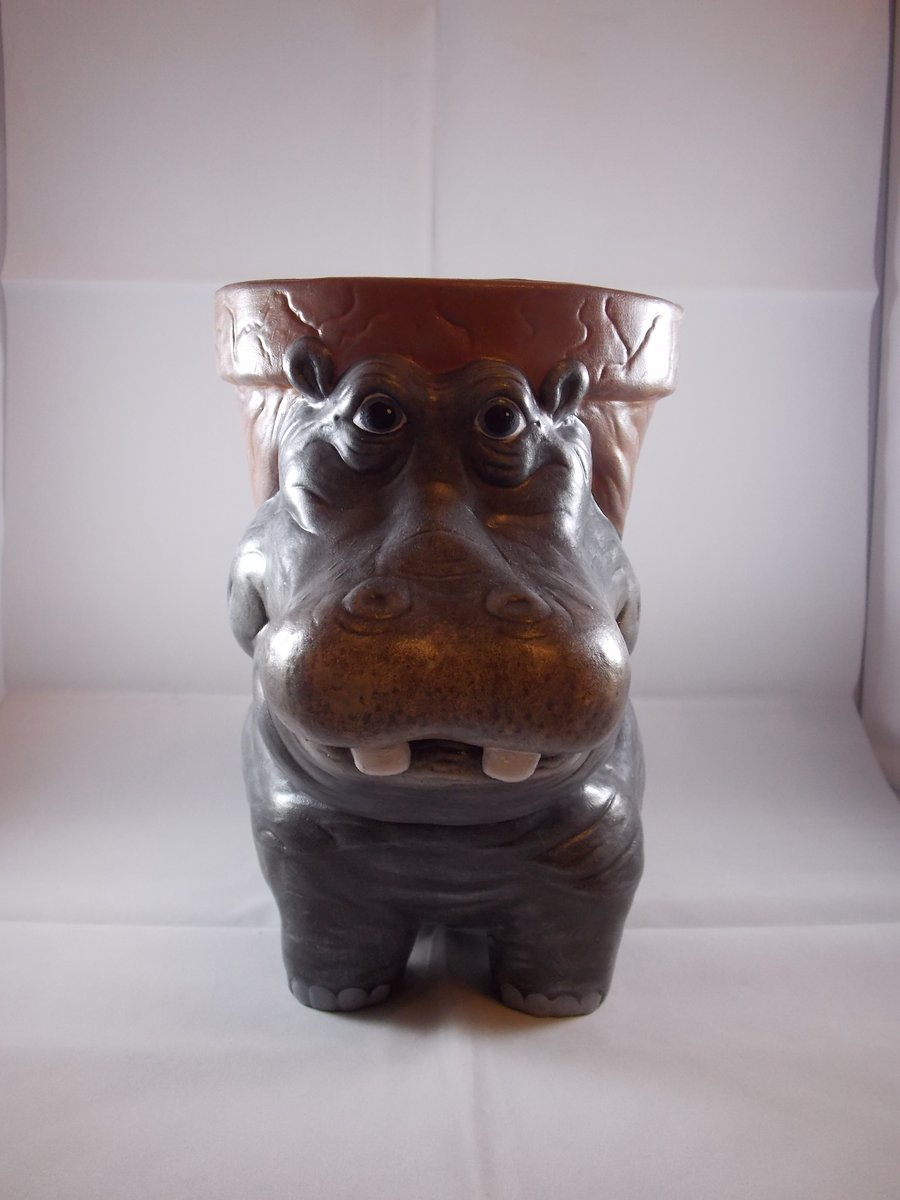 Ceramic Hand Painted Grey Hippopotamus Animal Garden Flower Herb Plant Pot.