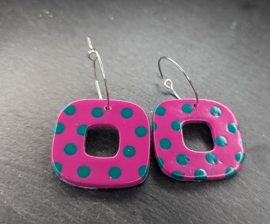 Dotty Teal on Magenta Square Dangle Earrings – Reversible Polymer Clay Hoops