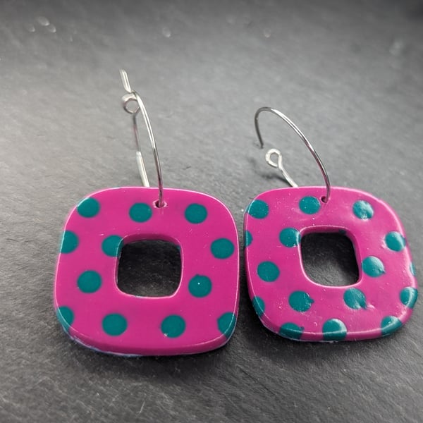 Dotty Teal on Magenta Square Dangle Earrings – Reversible Polymer Clay Hoops