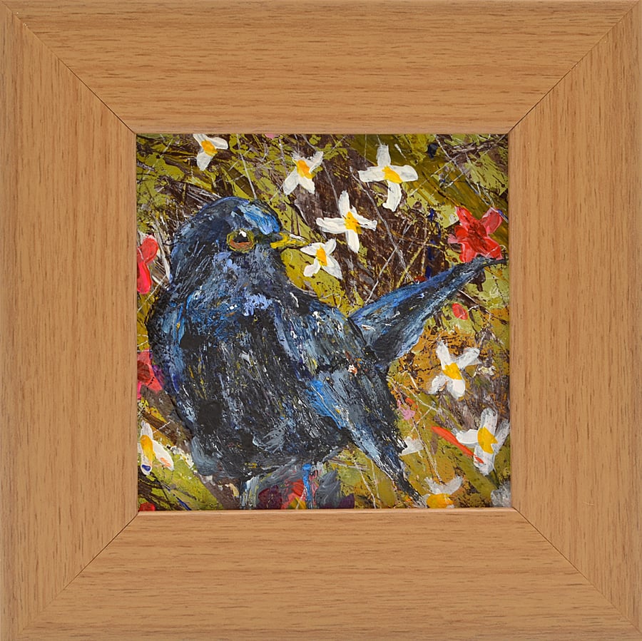 Small Framed Painting of a Blackbird (5.5 x 5.5 inches)