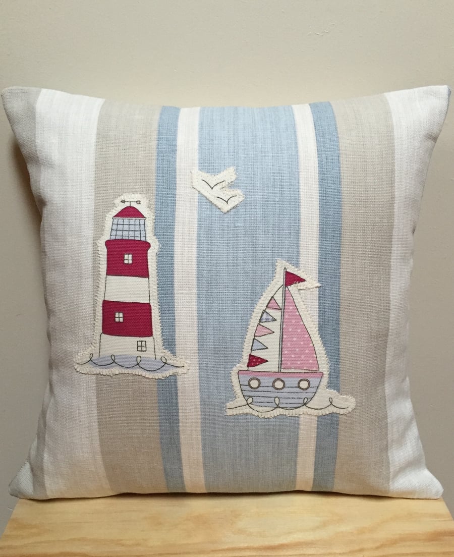 Decorative Cushion - Appliqué Boat and Lighthouse