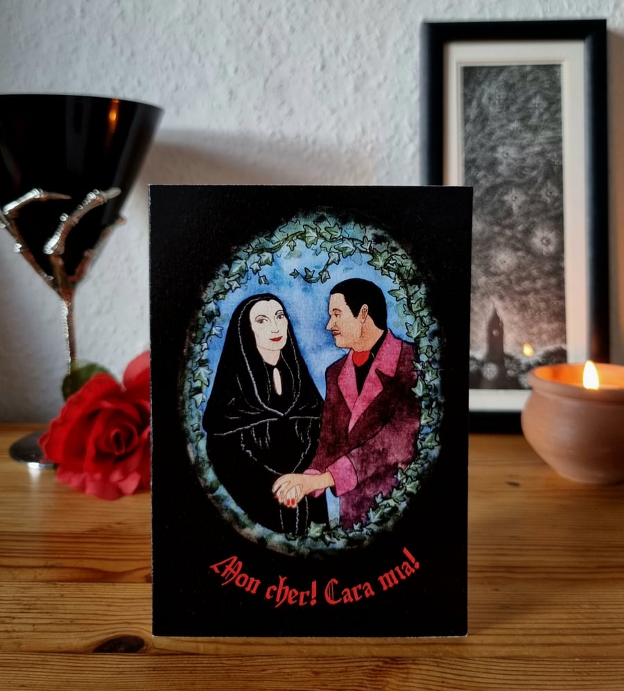 Morticia and Gomez watercolour greetings cards, goth romance, halloween prints