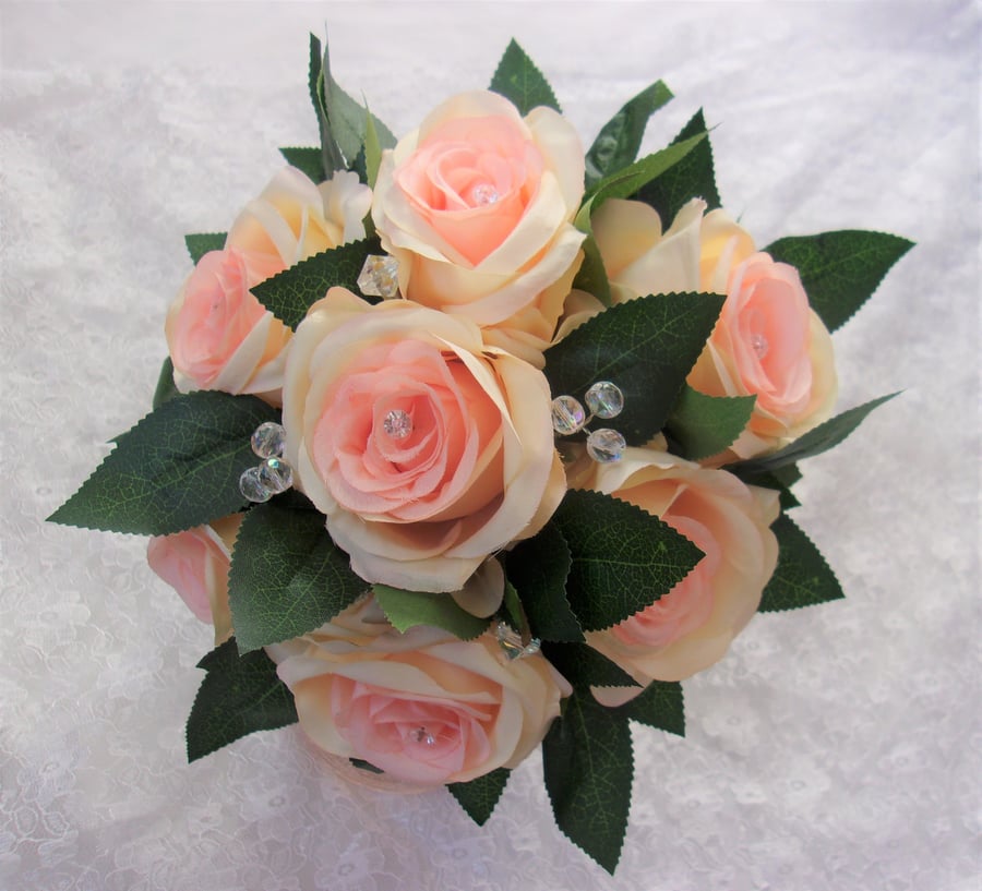 Peach & Apricot Pretty Large Rose & Crystal Posy Brides Bouquet