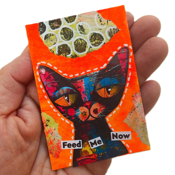 Whimsical Cat Pop Art Miniature ACEO Painting Mixed Media Original Kitty Artwork