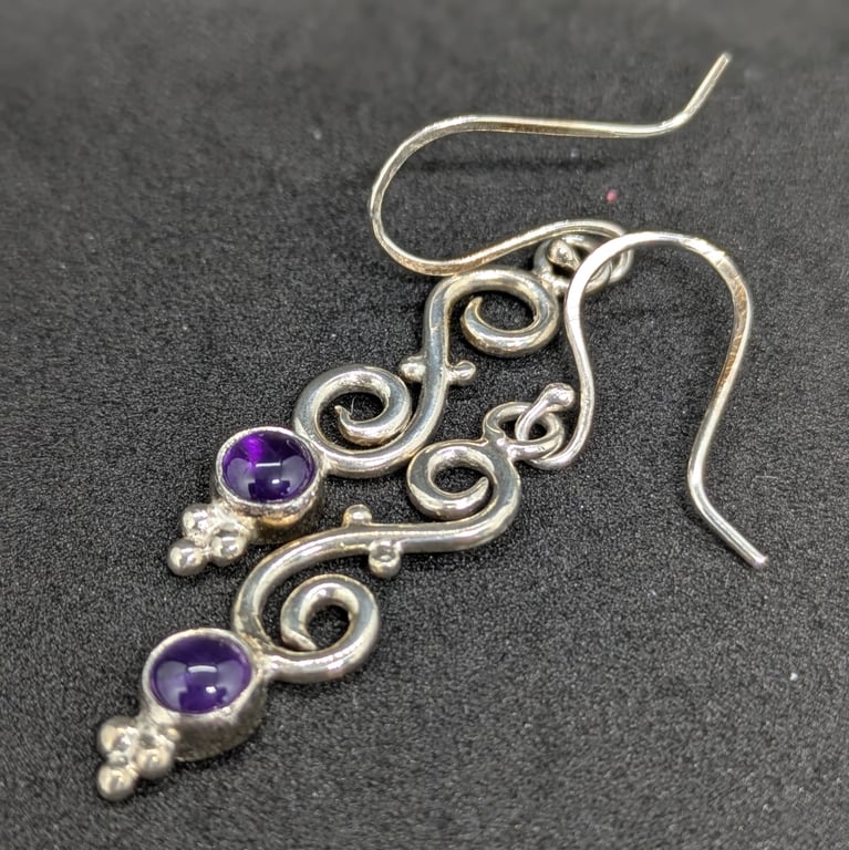 Sterling silver scroll earrings with amethysts