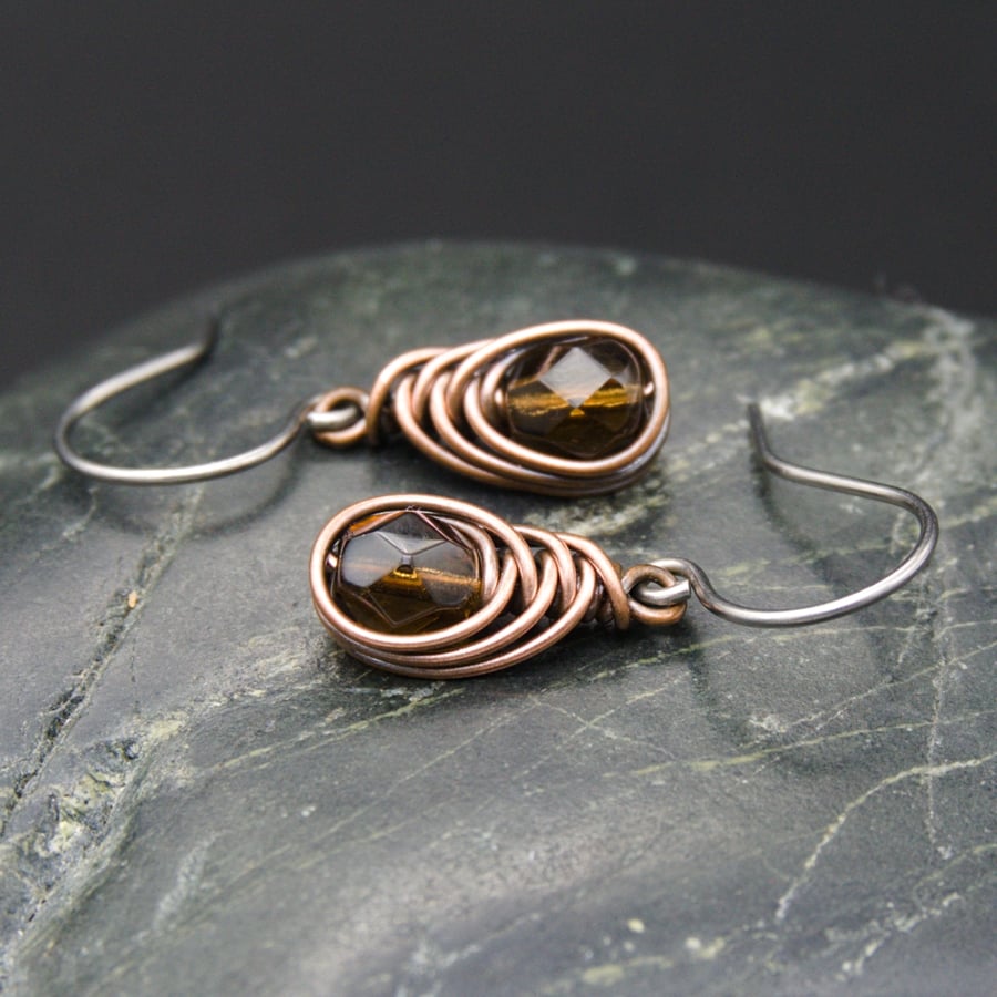 Copper Wire Wrapped Earrings with Faceted Brown Glass Beads
