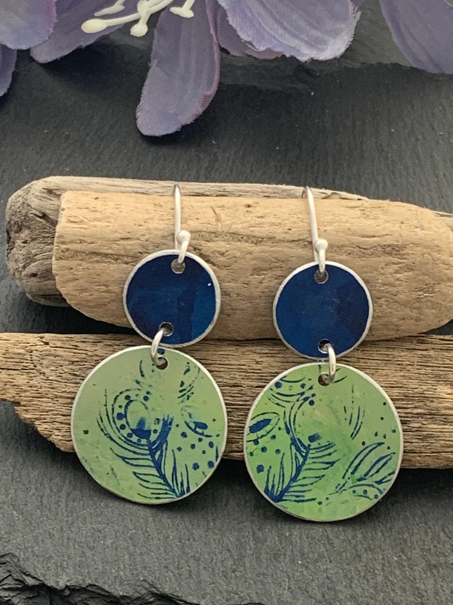 Water colour collection - hand painted aluminium earrings apple green and blue