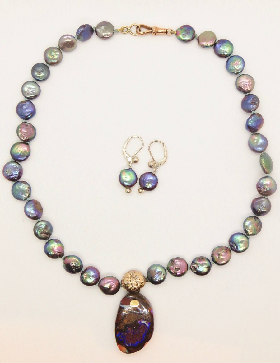 Silk Pearl Necklace with Lazurite Pendant, Gold Clasp, Matching Earrings