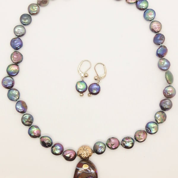 Silk Pearl Necklace with Lazurite Pendant, Gold Clasp, Matching Earrings