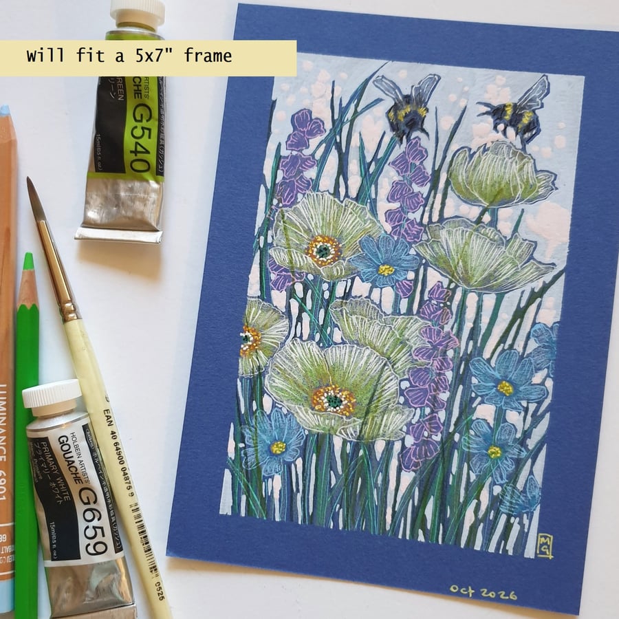 Bees with a summer flower bed, original floral art, bee art, insect art, artwork